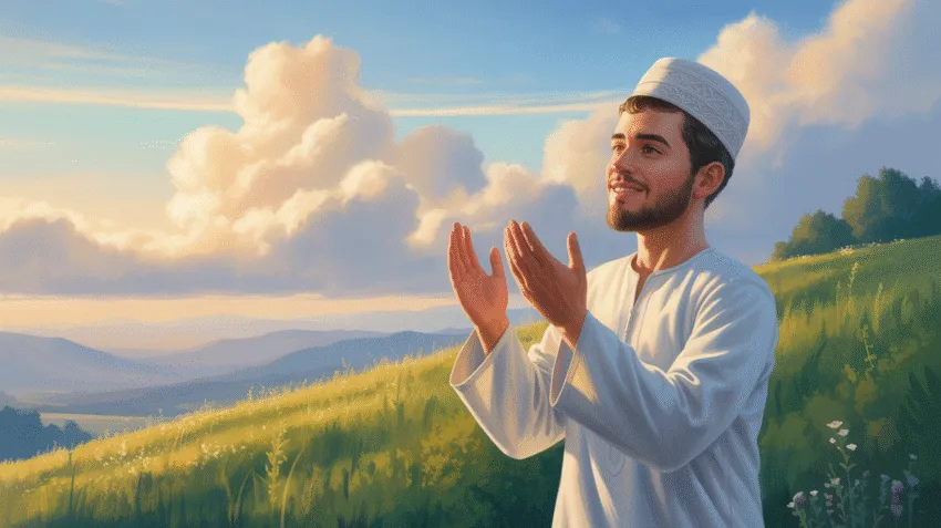 Ilustrasi seorang muslim bersyukur dengan tangan terangkat ke langit