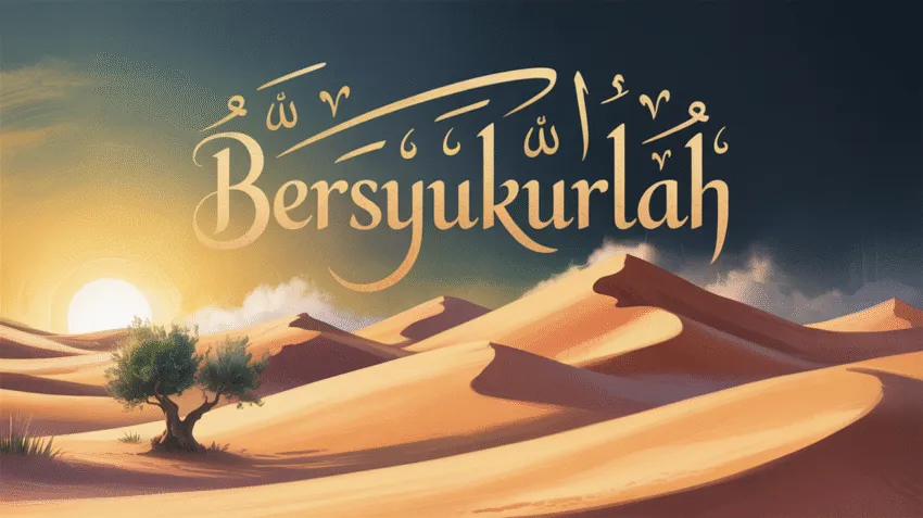 Ilustrasi lirik lagu Bersyukurlah dengan latar belakang alam dan tulisan syukur