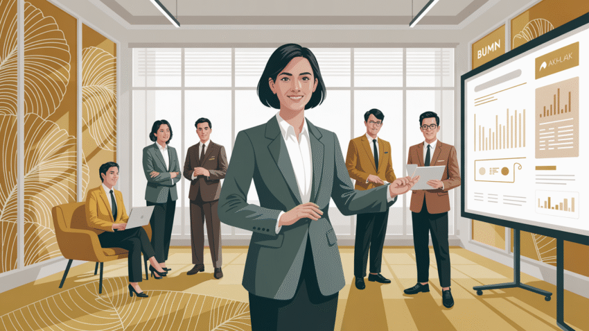 Ilustrasi program BUMN AKHLAK dengan simbol-simbol nilai luhur perusahaan