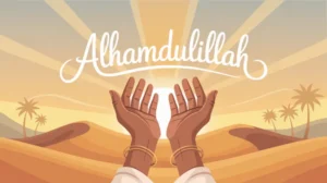 Ilustrasi caption bersyukur dengan tangan terangkat ke langit dan tulisan syukur