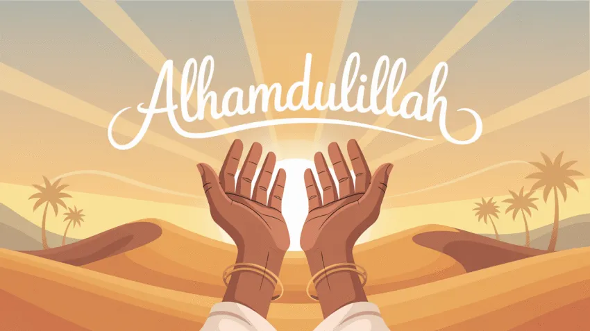 Ilustrasi caption bersyukur dengan tangan terangkat ke langit dan tulisan syukur