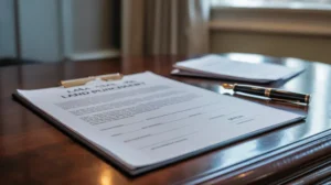 Contoh dokumen akta jual beli tanah di atas meja kayu dengan pena dan segel notaris