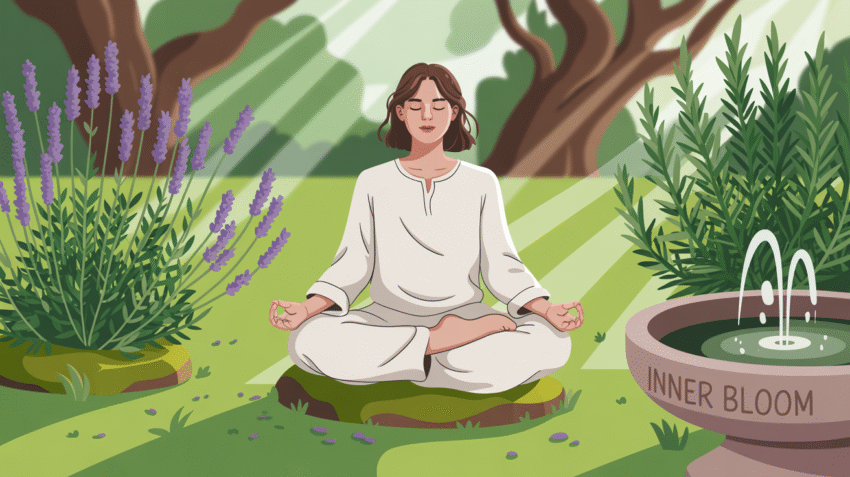 Ilustrasi orang sedang bermeditasi dengan ekspresi tenang di taman yang hijau