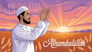 Ilustrasi orang bersyukur dengan tangan terangkat ke langit di tengah alam yang indah