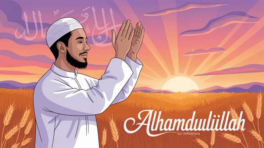 Ilustrasi orang bersyukur dengan tangan terangkat ke langit di tengah alam yang indah