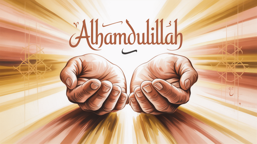 Ilustrasi tangan berdoa dengan cahaya keemasan simbol syukur dalam Islam