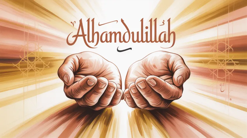 Ilustrasi tangan berdoa dengan cahaya keemasan simbol syukur dalam Islam