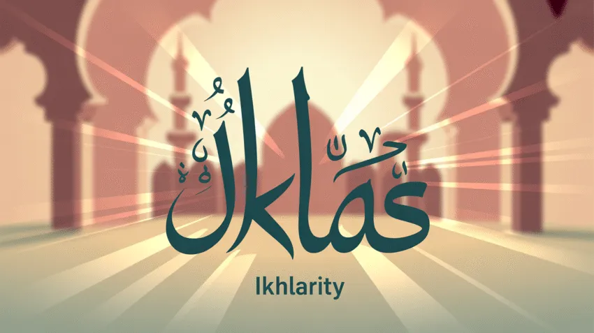 Ilustrasi konsep ikhlas dalam Islam dengan kaligrafi Arab dan cahaya spiritual