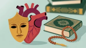 Ilustrasi konsep riya dalam Islam dengan simbol hati dan topeng