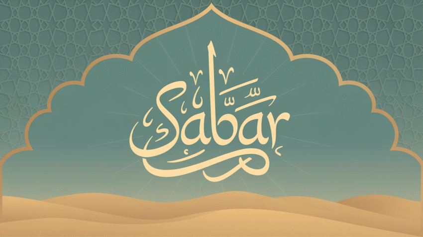Ilustrasi konsep kesabaran dalam Islam dengan kaligrafi Arab dan simbol ketenangan