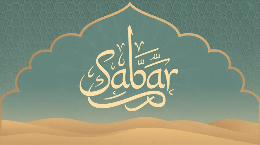 Ilustrasi konsep kesabaran dalam Islam dengan kaligrafi Arab dan simbol ketenangan