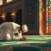 Ilustrasi muslim sedang melakukan sujud syukur dengan latar masjid