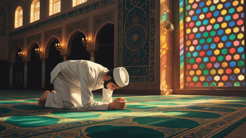 Ilustrasi muslim sedang melakukan sujud syukur dengan latar masjid