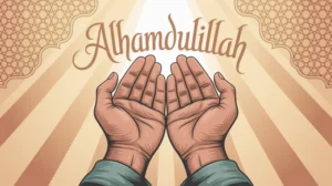 Ilustrasi tangan berdoa dengan cahaya keemasan simbol syukur dalam Islam