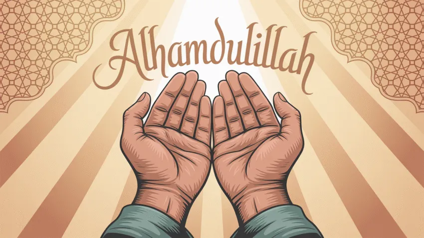 Ilustrasi tangan berdoa dengan cahaya keemasan simbol syukur dalam Islam