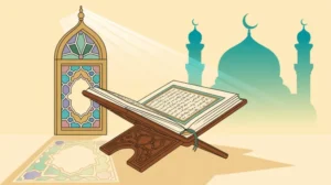 Ilustrasi akhlak mulia dalam Islam dengan latar belakang Al-Qur'an dan masjid