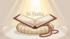 Ilustrasi keikhlasan dalam beribadah dengan latar belakang Al-Qur'an terbuka dan cahaya lembut