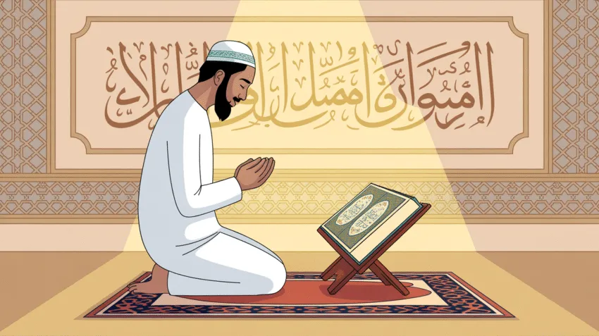 Ilustrasi tentang kesabaran dalam Islam dengan latar belakang Al-Qur'an terbuka
