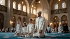 Keluarga Muslim sedang melaksanakan shalat Idul Adha di masjid