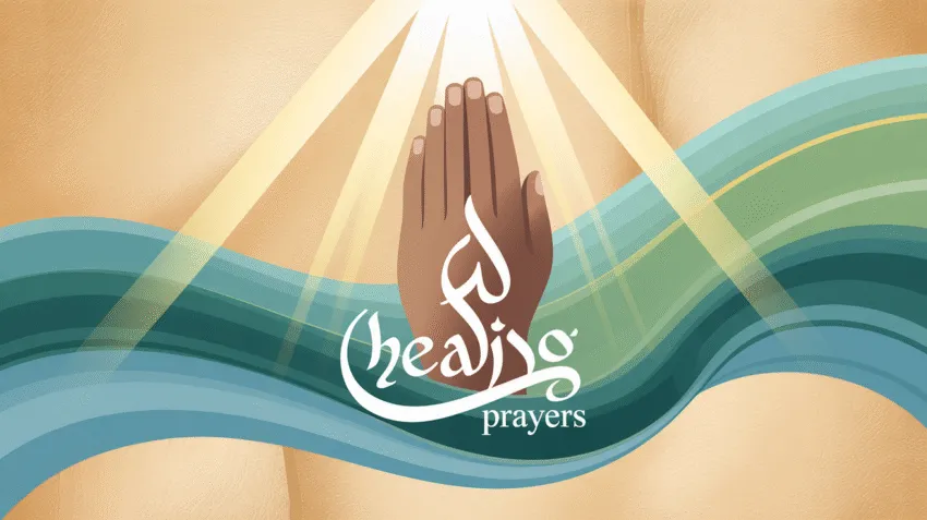 Ilustrasi doa untuk kesembuhan diri sendiri dengan background kaligrafi Arab yang elegan