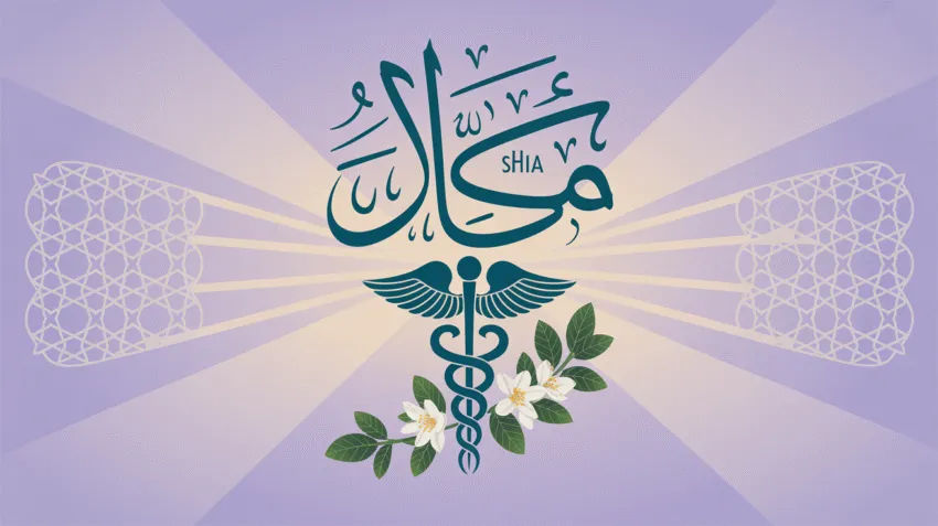 Ilustrasi doa untuk kesembuhan penyakit dengan background kaligrafi arab yang elegan