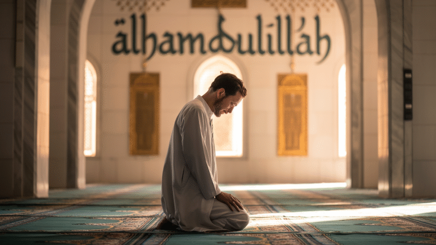 Ilustrasi doa bersyukur dalam Islam dengan latar masjid dan cahaya ilahi