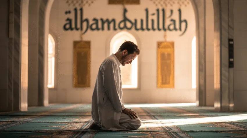 Ilustrasi doa bersyukur dalam Islam dengan latar masjid dan cahaya ilahi