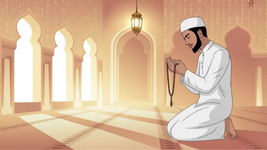Ilustrasi muslim sedang berdoa setelah sholat ashar di masjid