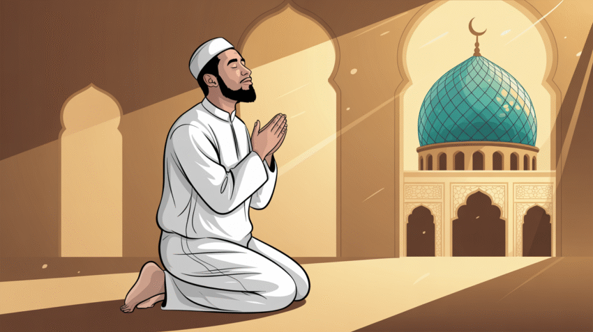 Ilustrasi seseorang sedang berdoa setelah sholat hajat dengan khusyuk