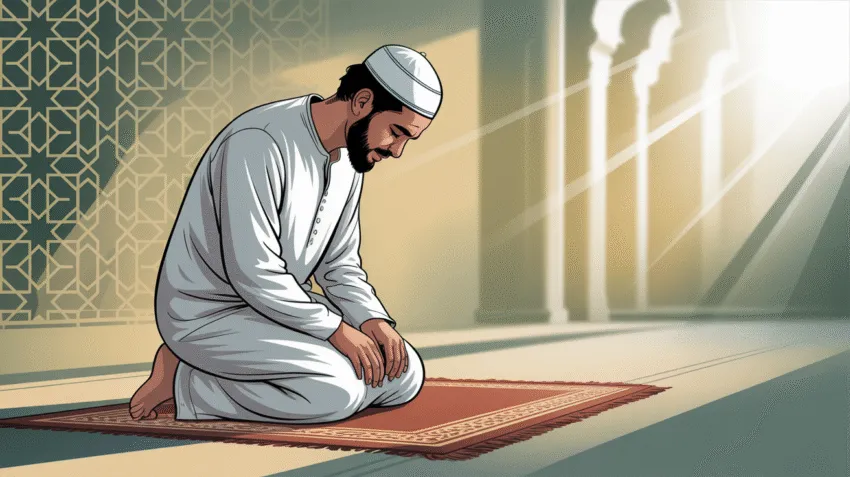 Ilustrasi muslim sedang berdoa setelah sholat taubat dengan khusyuk