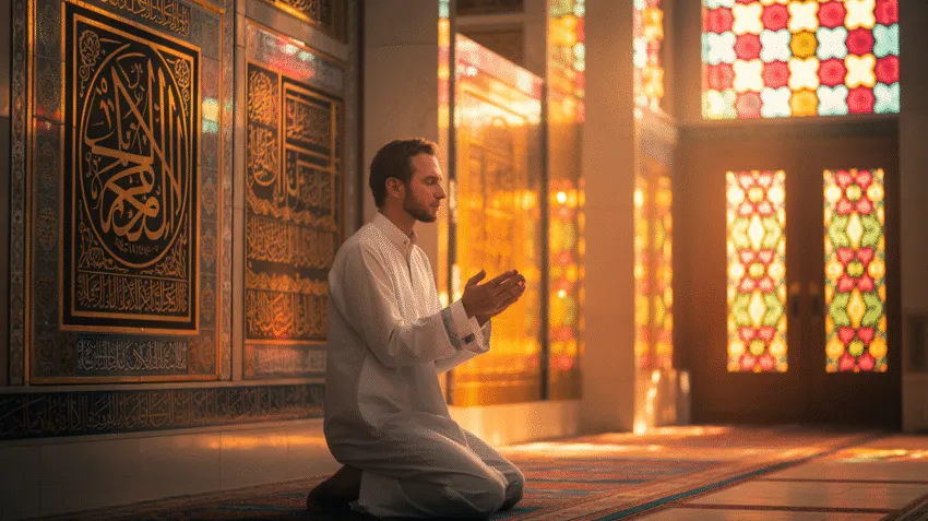 Ilustrasi suasana Jumat sore dengan orang berdoa di masjid