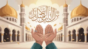 Ilustrasi doa untuk kesembuhan penyakit dengan background kaligrafi arab