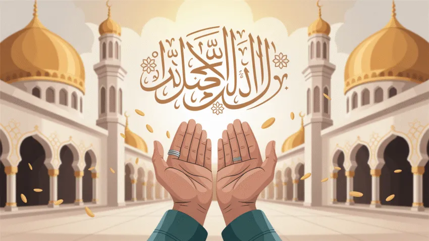 Ilustrasi doa untuk kesembuhan penyakit dengan background kaligrafi arab