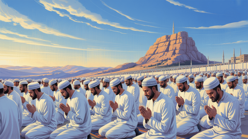 Ilustrasi doa hari Arafah dengan latar Jabal Rahmah dan jamaah haji berdoa