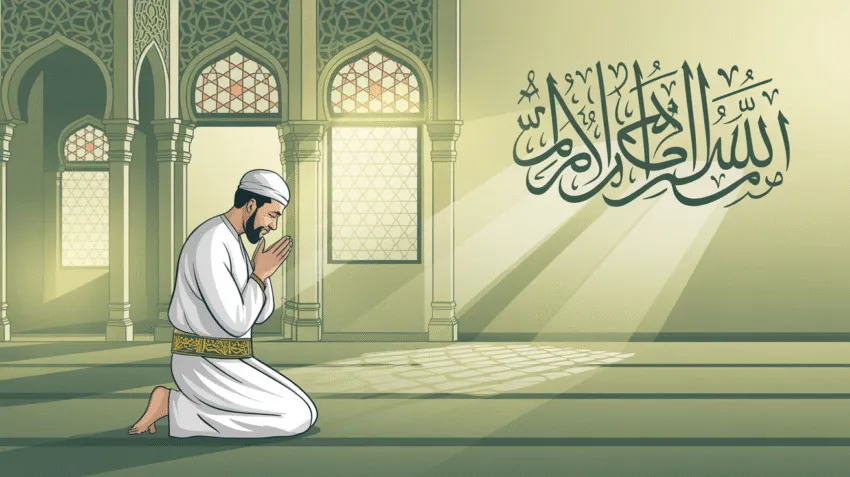 Ilustrasi doa hari Asyura dengan kaligrafi Arab dan latar masjid
