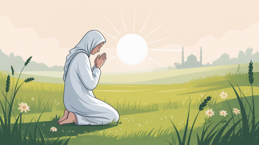 Ilustrasi orang sedang berdoa dengan latar alam yang tenang