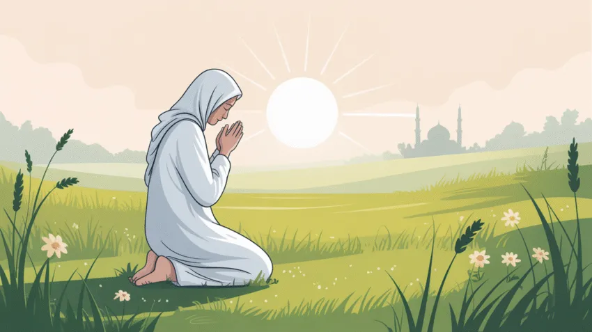 Ilustrasi orang sedang berdoa dengan latar alam yang tenang