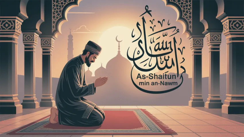 Ilustrasi doa hari Senin dengan kaligrafi Arab dan latar senja