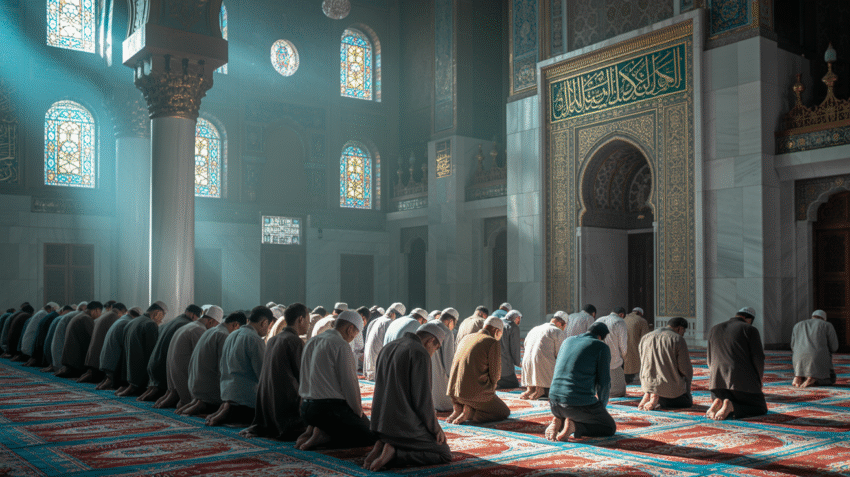 Ilustrasi doa Jumat pagi dengan suasana masjid yang tenang dan cahaya matahari pagi