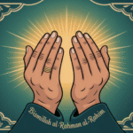 Ilustrasi doa keberkahan rezeki dan keselamatan dengan tangan berdoa dan cahaya spiritual
