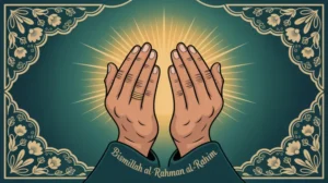 Ilustrasi doa keberkahan rezeki dan keselamatan dengan tangan berdoa dan cahaya spiritual