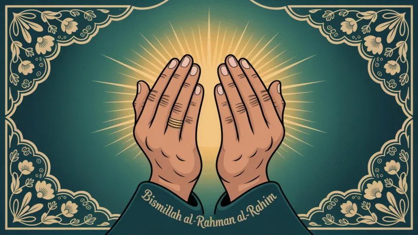 Ilustrasi doa keberkahan rezeki dan keselamatan dengan tangan berdoa dan cahaya spiritual