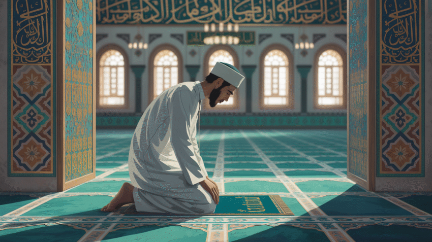 Ilustrasi seseorang membaca doa saat masuk masjid dengan kaligrafi Arab di latar belakang