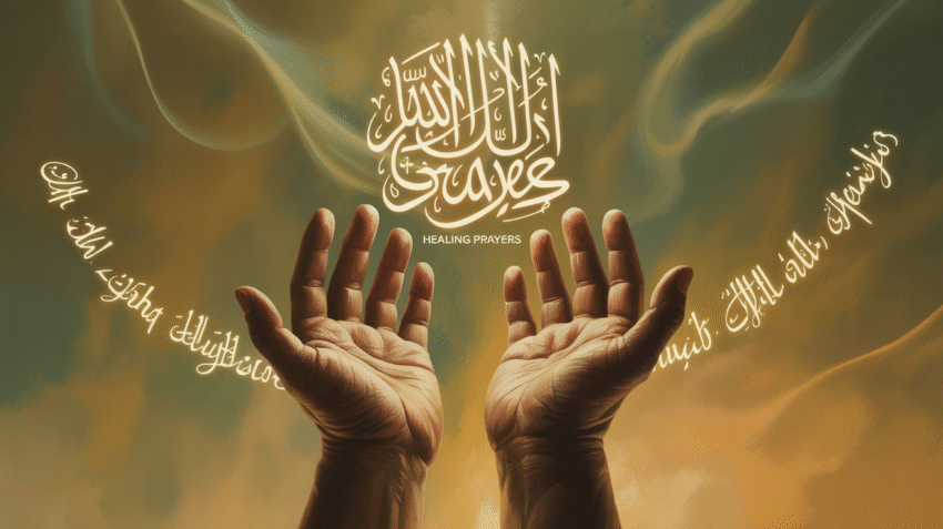 Ilustrasi doa kesembuhan dari sakit dengan tangan terangkat dan cahaya ilahi