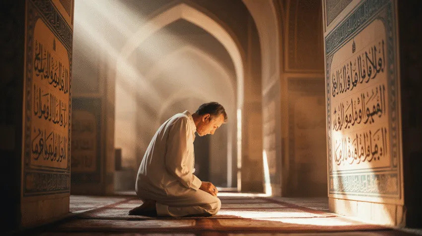 Ilustrasi doa kesembuhan diri sendiri dengan latar masjid dan cahaya ilahi