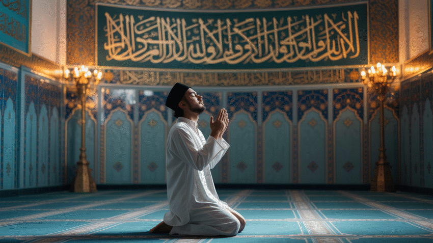 Ilustrasi doa kesembuhan penyakit dengan latar belakang kaligrafi Arab yang elegan