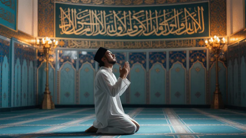 Ilustrasi doa kesembuhan penyakit dengan latar belakang kaligrafi Arab yang elegan