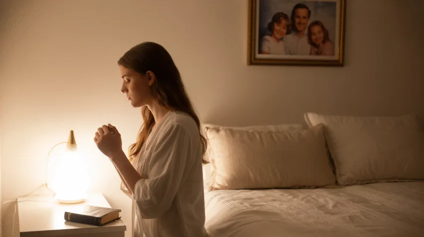 Ilustrasi doa Kristen sebelum tidur dengan suasana kamar yang tenang