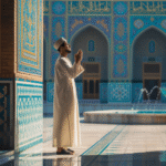 Ilustrasi seseorang membaca doa sebelum masuk masjid dengan khusyuk