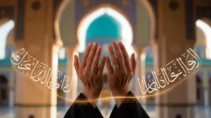 Ilustrasi doa meminta kesembuhan untuk orang lain dengan latar masjid dan cahaya spiritual